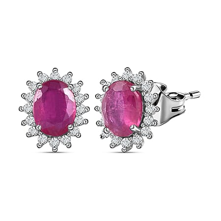 Ruby (FF) and Natural Zircon Halo Stud Earrings in Platinum Overlay Sterling Silver 2.95 Ct.