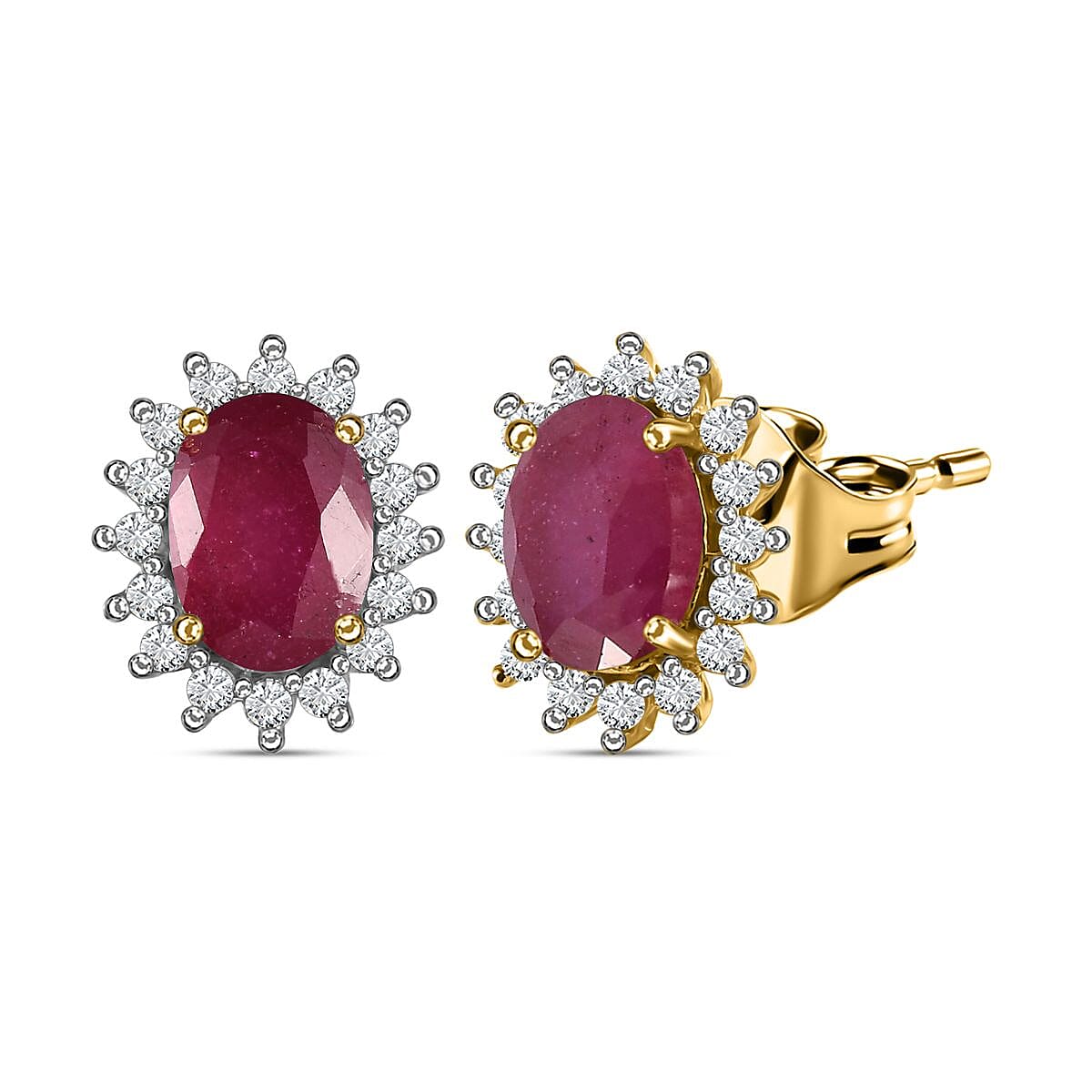 African Ruby (FF) & Natural Zircon Halo Earrings with Push Back in 18K Vermeil Yellow Gold Plated Sterling Silver 2.32 Ct.