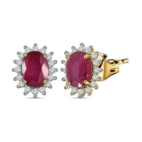 African Ruby (FF) & Natural Zircon Halo Earrings with Push Back in 18K Vermeil Yellow Gold Plated Sterling Silver 2.32 Ct.