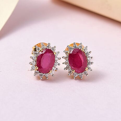 African Ruby (FF) & Natural Zircon Halo Earrings with Push Back in 18K Vermeil Yellow Gold Plated Sterling Silver 2.32 Ct.