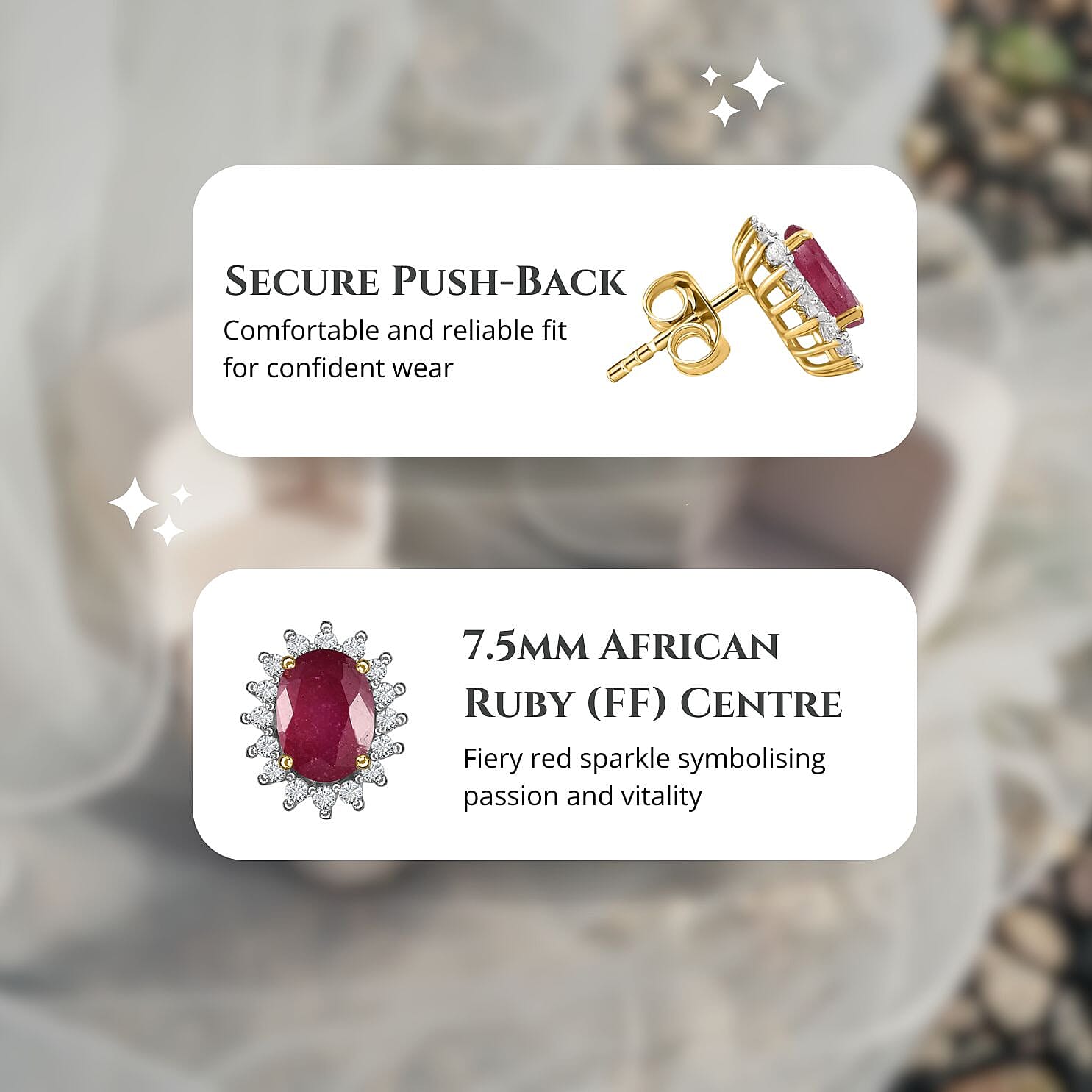 African Ruby (FF) & Natural Zircon Halo Earrings with Push Back in 18K Vermeil Yellow Gold Plated Sterling Silver 2.32 Ct.