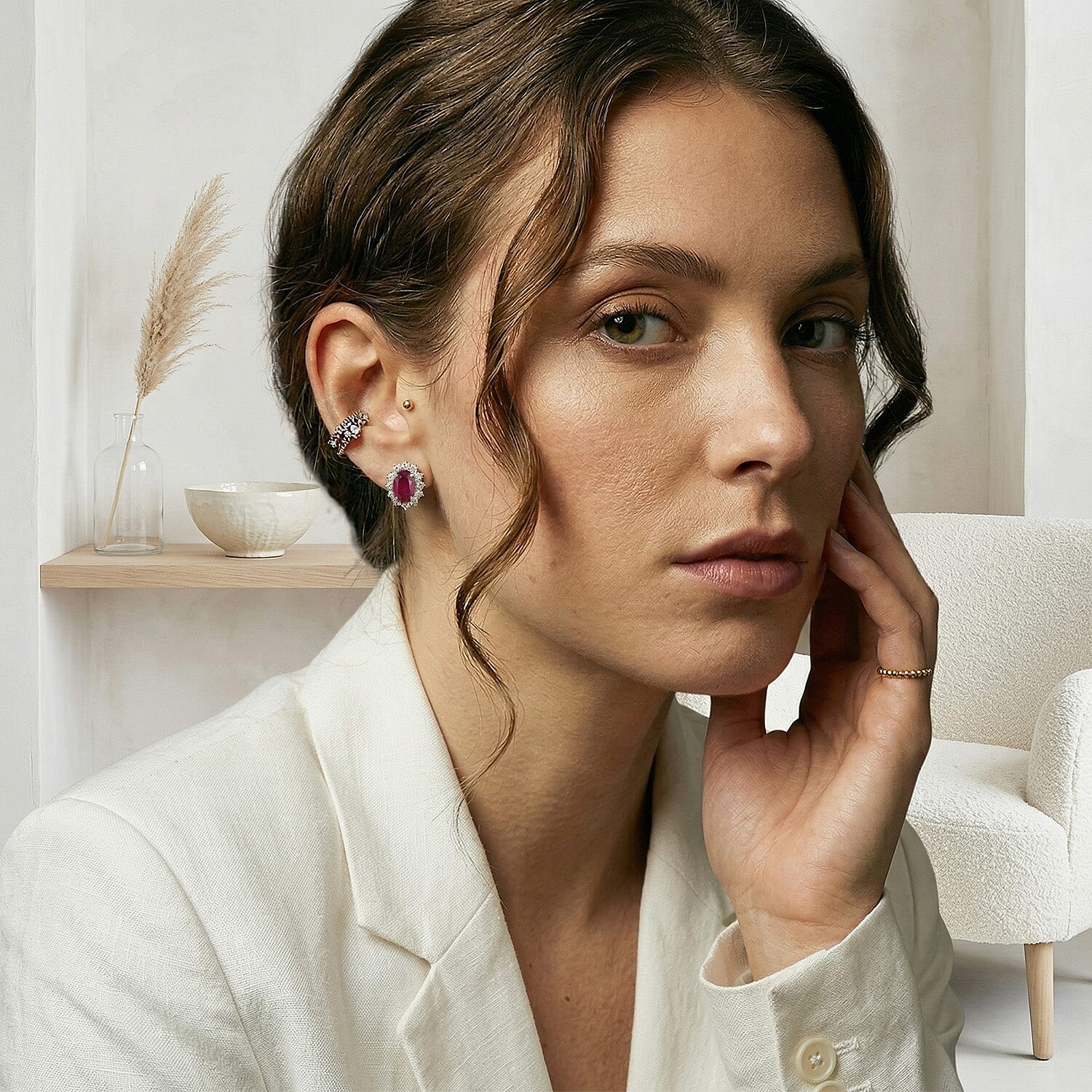 African Ruby (FF) & Natural Zircon Halo Earrings with Push Back in 18K Vermeil Yellow Gold Plated Sterling Silver 2.77 Ct.