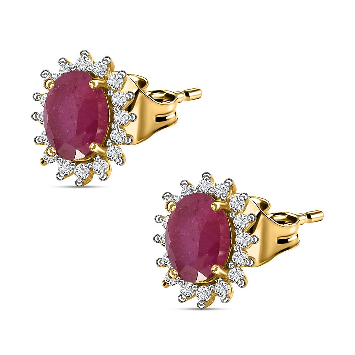 African Ruby (FF) & Natural Zircon Halo Earrings with Push Back in 18K Vermeil Yellow Gold Plated Sterling Silver 2.32 Ct.