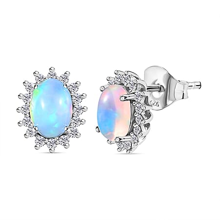 Ethiopian Welo Opal and Natural Cambodian Zircon Earrings (with Push Back) in Platinum Overlay Sterling Silver 2.010 Ct