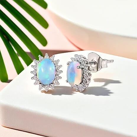 Ethiopian Welo Opal and Natural Cambodian Zircon Earrings (with Push Back) in Platinum Overlay Sterling Silver 2.010 Ct