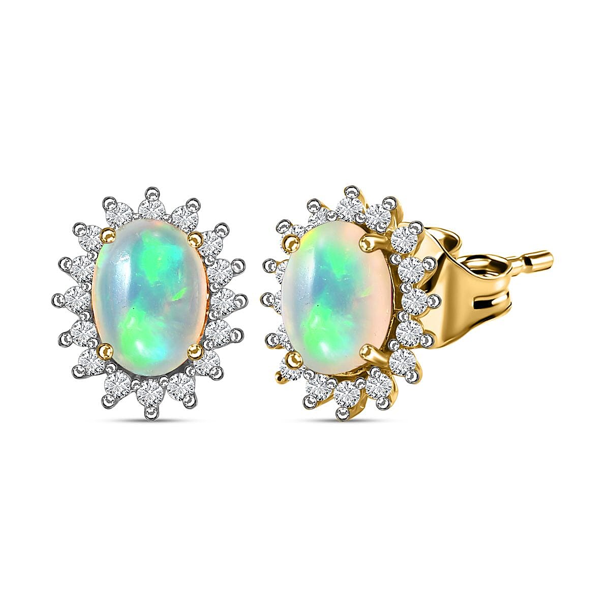 Ethiopian Welo Opal & Natural Zircon Halo Stud Earrings with Push Back in 18K Vermeil Yellow Gold Plated Sterling Silver 1.39 Ct.