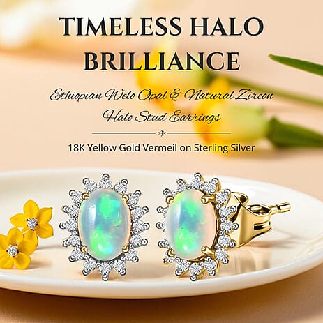 Ethiopian Welo Opal and Natural Zircon Halo Stud Earrings in 18K Vermeil Yellow Gold Plated Sterling Silver 2.01 Ct
