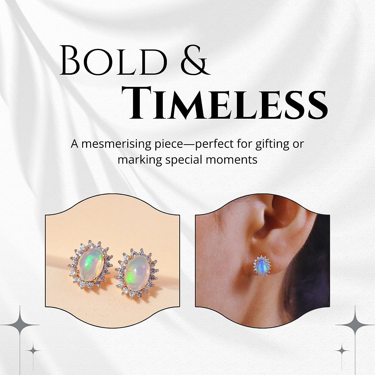 Ethiopian Welo Opal & Natural Zircon Halo Stud Earrings with Push Back in 18K Vermeil Yellow Gold Plated Sterling Silver 1.39 Ct.