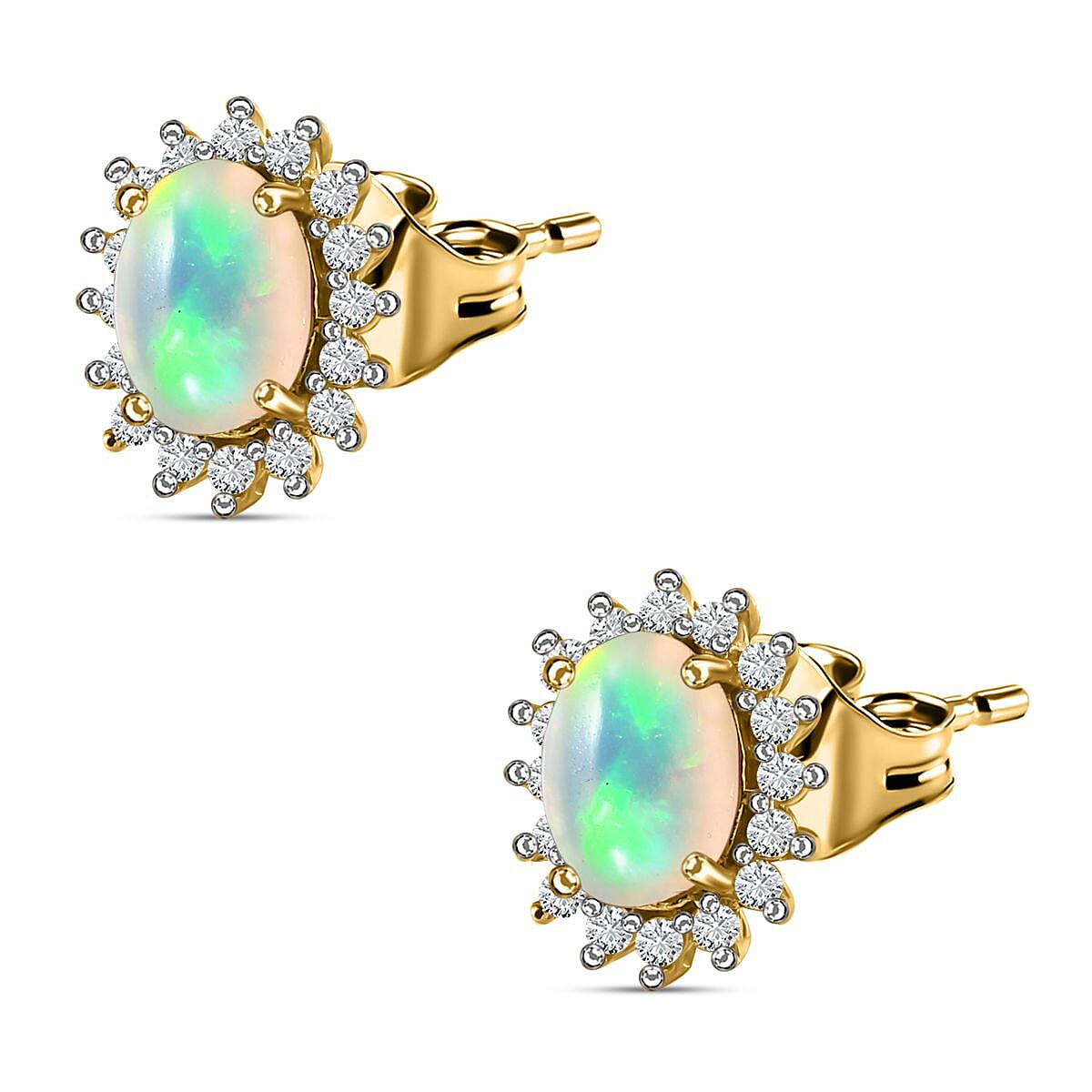 Ethiopian Welo Opal & Natural Zircon Halo Stud Earrings with Push Back in 18K Vermeil Yellow Gold Plated Sterling Silver 1.39 Ct.