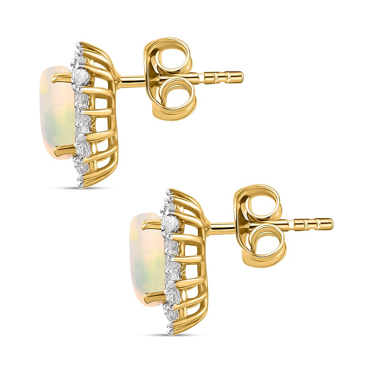 Ethiopian Welo Opal & Natural Zircon Halo Stud Earrings with Push Back in 18K Vermeil Yellow Gold Plated Sterling Silver 1.39 Ct.
