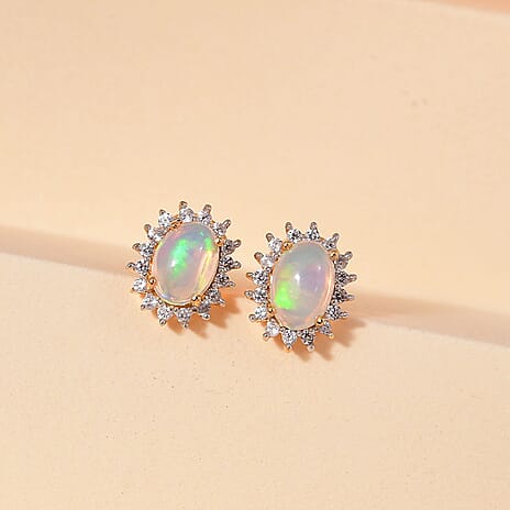 Ethiopian Welo Opal and Natural Zircon Halo Stud Earrings in 18K Vermeil Yellow Gold Plated Sterling Silver 2.01 Ct