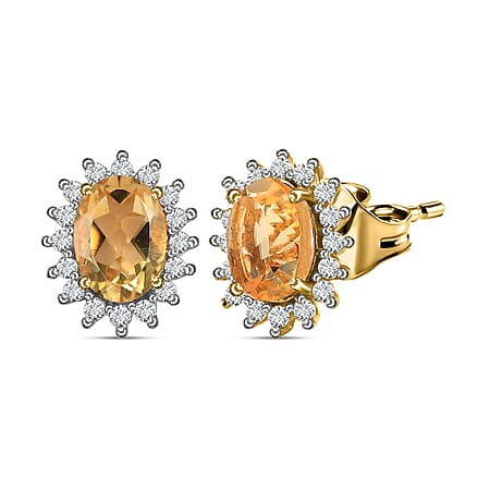 Citrine November Birthstone Halo Stud Earrings with Cambodian Zircon in 18K Yellow Gold Vermeil Plated Sterling Silver