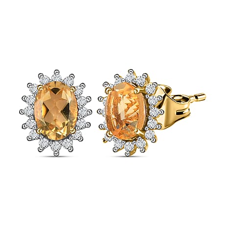 Citrine & Natural Cambodian Zircon Stud Earrings with Push Back in 18K Vermeil Yellow Gold Plated Sterling Silver 1.90 Ct.