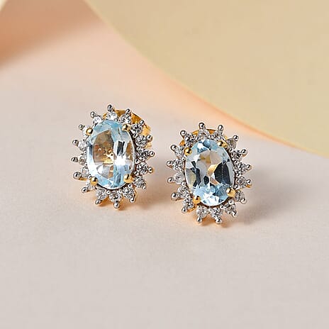 Skyblue Topaz & Natural Zircon Stud Earrings in 18K Yellow Gold Vermeil Plated Sterling Silver 4.10 Ct.