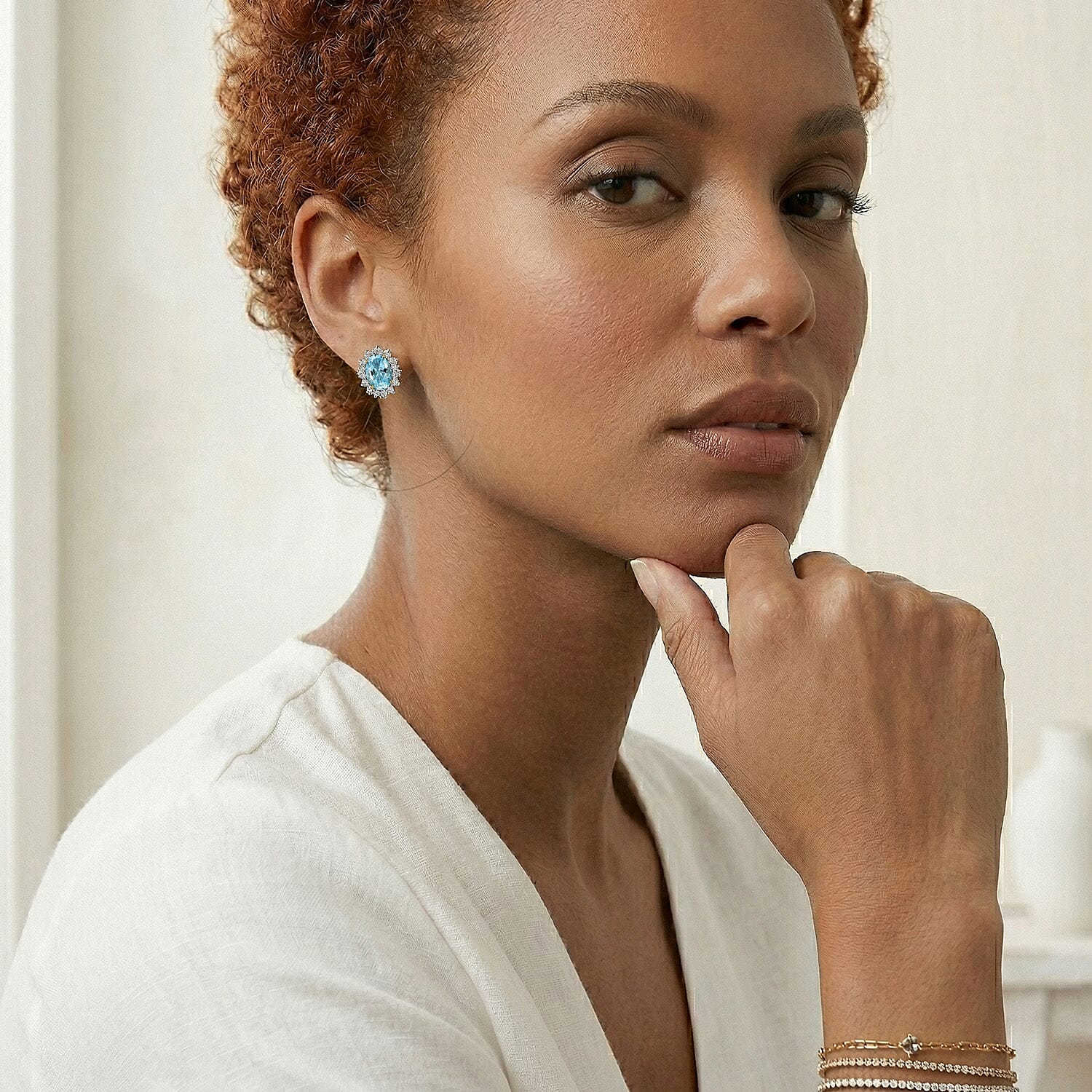 Skyblue Topaz & Natural Zircon Stud Earrings in 18K Yellow Gold Vermeil Plated Sterling Silver 4.10 Ct.
