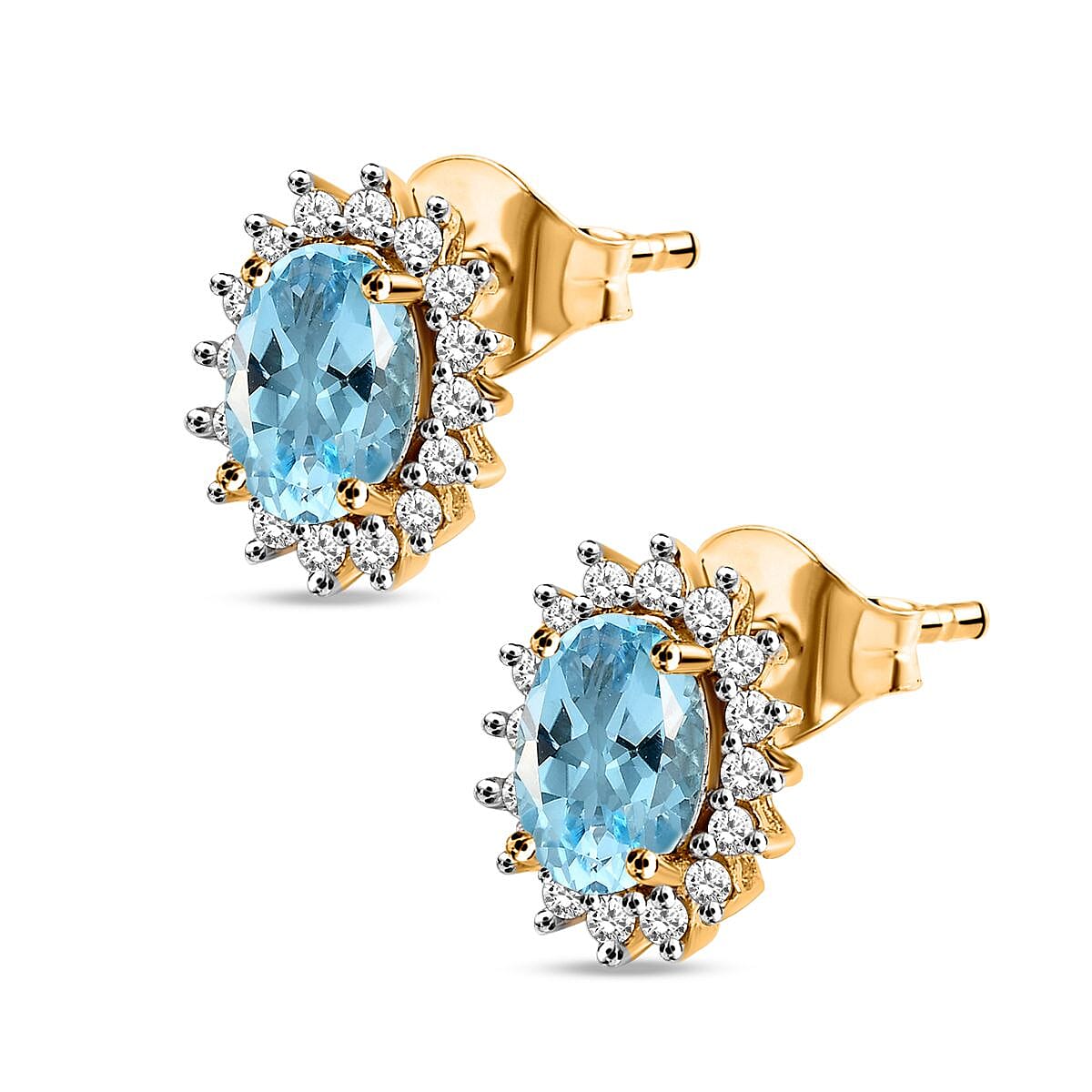 Skyblue Topaz & Natural Zircon Stud Earrings in 18K Yellow Gold Vermeil Plated Sterling Silver 4.10 Ct.