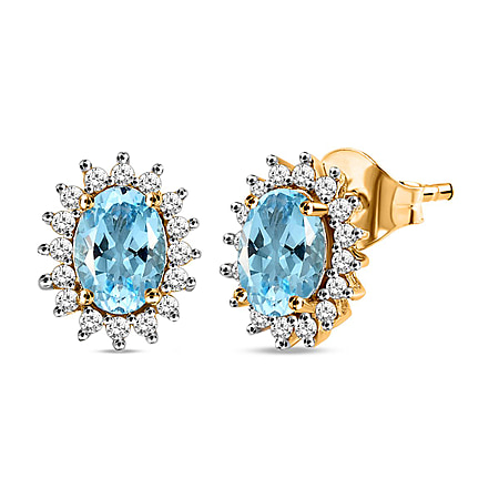 Skyblue Topaz & Natural Zircon Stud Earrings in 18K Yellow Gold Vermeil Plated Sterling Silver 4.10 Ct.