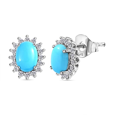 Arizona Sleeping Beauty Turquoise & Natural Cambodian Zircon Earrings with Push Back in Platinum Overlay Sterling Silver 1.89 Ct.