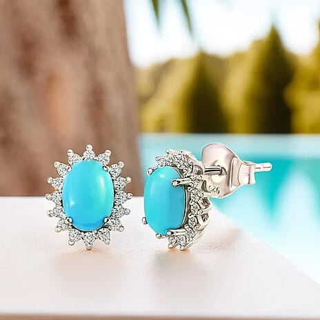 Arizona Sleeping Beauty Turquoise & Natural Cambodian Zircon Earrings with Push Back in Platinum Overlay Sterling Silver 1.89 Ct.