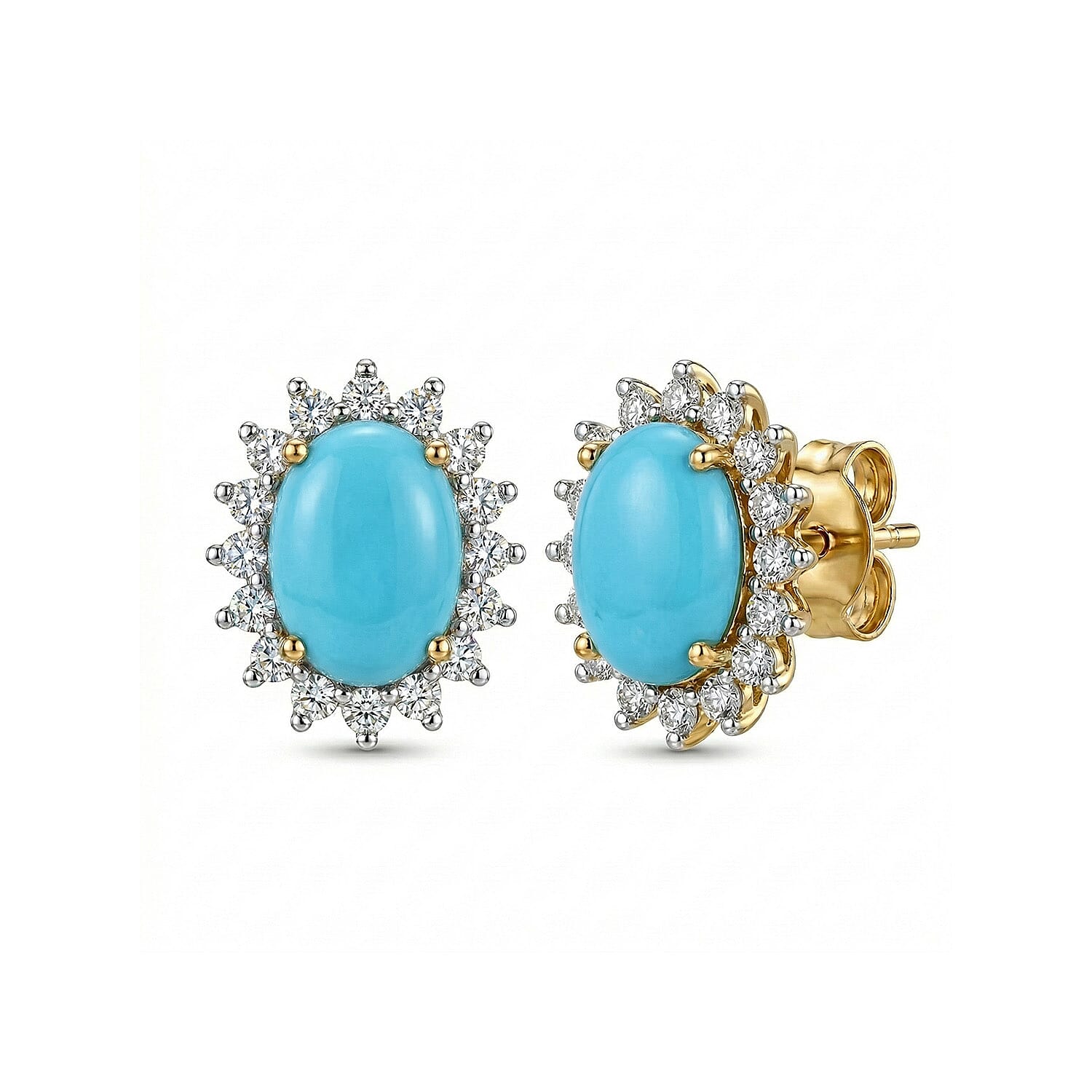Arizona Sleeping Beauty Turquoise & Natural Cambodian Zircon Earrings with Push Back in 18K Vermeil Yellow Gold Plated Sterling Silver 1.89 Ct.