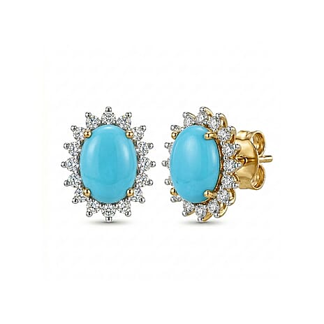 Arizona Sleeping Beauty Turquoise & Natural Cambodian Zircon Earrings with Push Back in 18K Vermeil Yellow Gold Plated Sterling Silver 1.89 Ct.