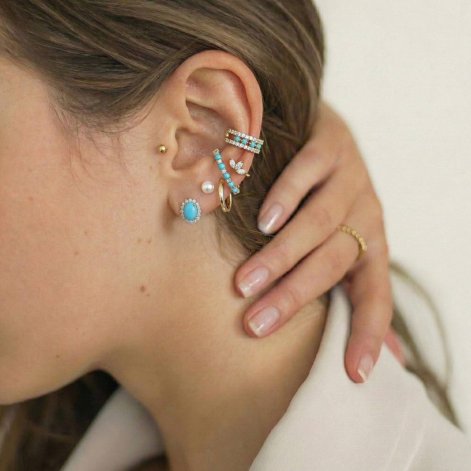 Arizona Sleeping Beauty Turquoise & Natural Cambodian Zircon Earrings with Push Back in 18K Vermeil Yellow Gold Plated Sterling Silver 1.89 Ct.