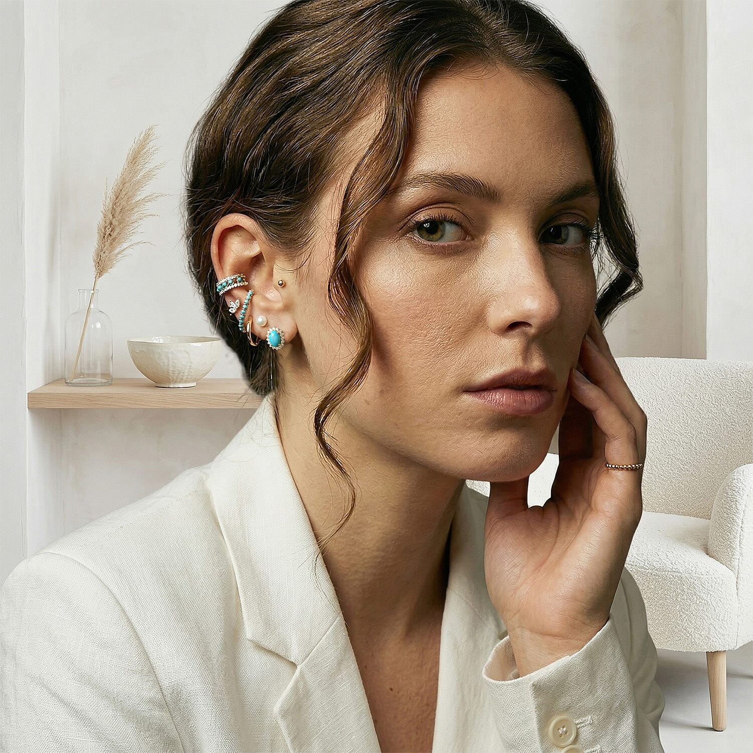 Arizona Sleeping Beauty Turquoise & Natural Cambodian Zircon Earrings with Push Back in 18K Vermeil Yellow Gold Plated Sterling Silver 1.89 Ct.
