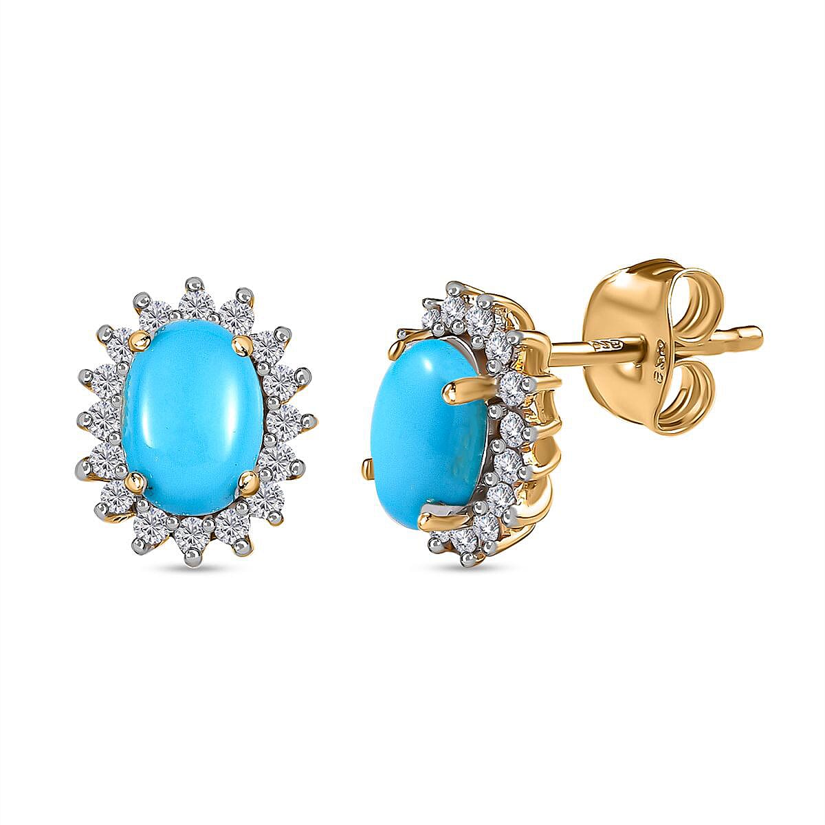 Arizona Sleeping Beauty Turquoise & Natural Cambodian Zircon Earrings with Push Back in 18K Vermeil Yellow Gold Plated Sterling Silver 1.89 Ct.
