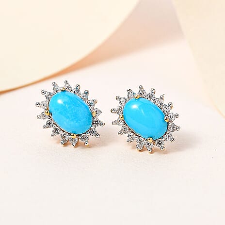 Arizona Sleeping Beauty Turquoise and Natural Cambodian Zircon Earrings (with Push Post) in Vermeil Yellow Gold Plated Sterling Silver 2.386 Ct.
