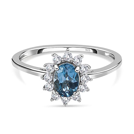 London Blue Topaz and Natural Cambodian Zircon Ring in Platinum Overlay Sterling Silver 1.51 Ct.