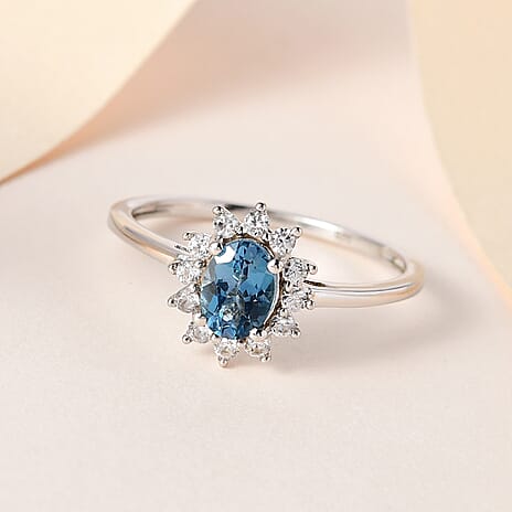 London Blue Topaz and Natural Cambodian Zircon Ring in Platinum Overlay Sterling Silver 1.51 Ct.