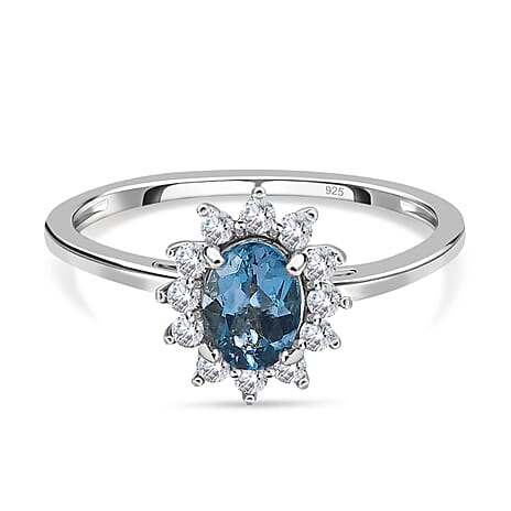London Blue Topaz and Natural Cambodian Zircon Ring in Platinum Overlay Sterling Silver 1.51 Ct.