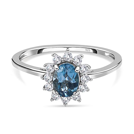 London Blue Topaz November Birthstone Halo Ring with Natural Cambodian Zircon in Sterling Silver with Platinum Plating