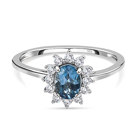 London Blue Topaz and Natural Cambodian Zircon Halo Ring in Sterling Silver with Platinum Plating