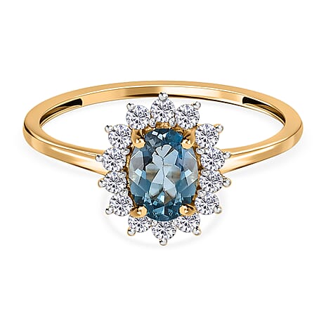 London Blue Topaz and Natural Cambodian Zircon Ring in 18K Yellow Gold Vermeil Plated Sterling Silver 1.51 Ct.