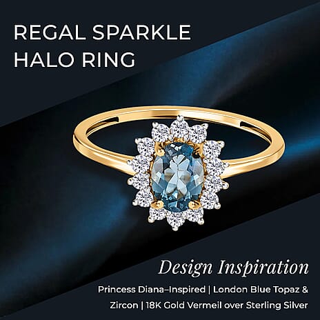 London Blue Topaz and Natural Cambodian Zircon Ring in 18K Yellow Gold Vermeil Plated Sterling Silver 1.51 Ct.