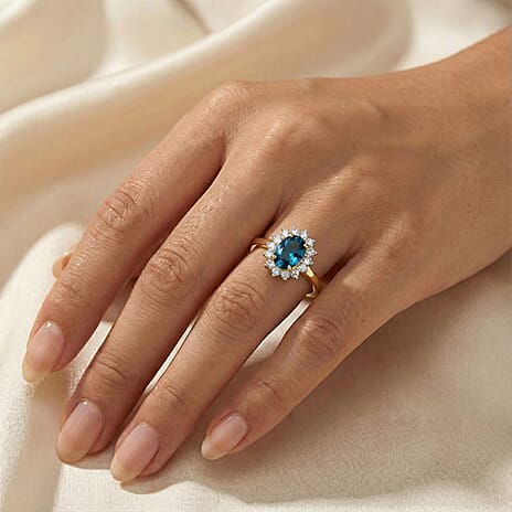 London Blue Topaz and Natural Cambodian Zircon Ring in 18K Yellow Gold Vermeil Plated Sterling Silver 1.51 Ct.