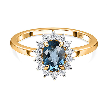 London Blue Topaz and Natural Cambodian Zircon Halo Ring in Sterling Silver with 18K Vermeil Yellow Gold
