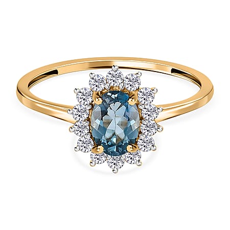 London Blue Topaz November Birthstone Halo Ring with Natural Cambodian Zircon in Sterling Silver with 18K Vermeil Yellow Gold