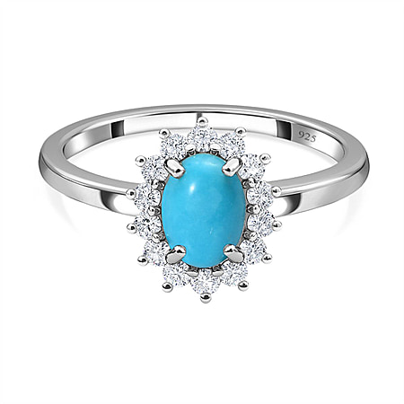 Arizona Sleeping Beauty Turquoise and Natural Cambodian Zircon Halo Ring in Sterling Silver with Platinum Plating