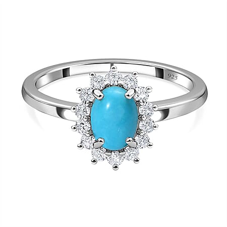 Arizona Sleeping Beauty Turquoise December Birthstone Halo Ring with Natural Cambodian Zircon in Sterling Silver with Platinum Plating