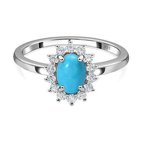 Arizona Sleeping Beauty Turquoise and Natural Cambodian Zircon  Ring in Platinum Overlay Sterling Silver 1.12 Ct.