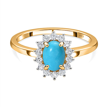 Arizona Sleeping Beauty Turquoise and Natural Cambodian Zircon Halo Ring in Sterling Silver with 18K Vermeil Yellow Gold