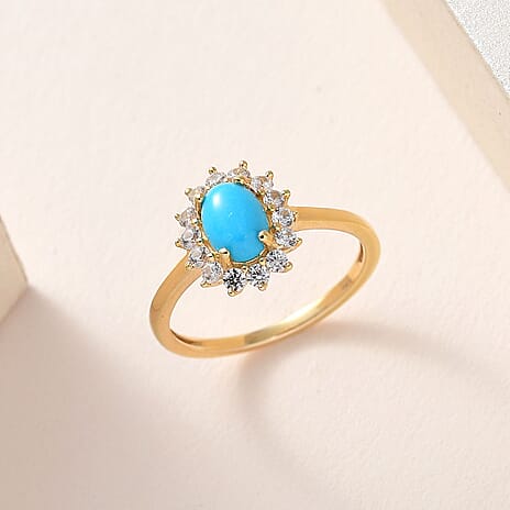 Arizona Sleeping Beauty Turquoise and Natural Cambodian Zircon  Ring in 18K Yellow Gold Vermeil Plated Sterling Silver 1.12 Ct.