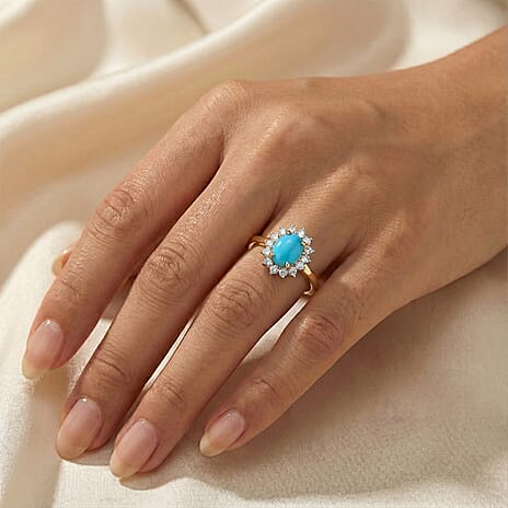 Arizona Sleeping Beauty Turquoise and Natural Cambodian Zircon  Ring in 18K Yellow Gold Vermeil Plated Sterling Silver 1.12 Ct.