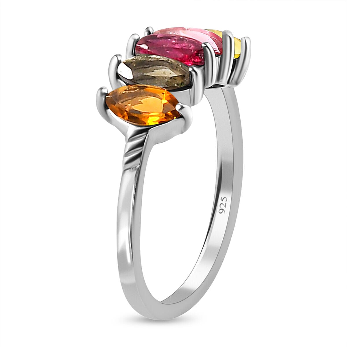 Multi-Tourmaline 5 Stone Ring in Platinum Overlay Sterling Silver 1.12 Ct.