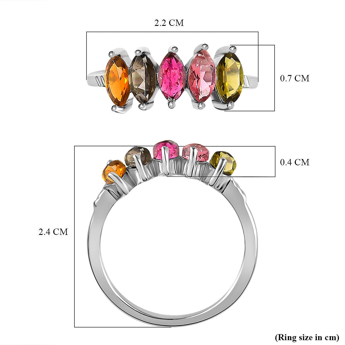 Multi-Tourmaline 5 Stone Ring in Platinum Overlay Sterling Silver 1.12 Ct.