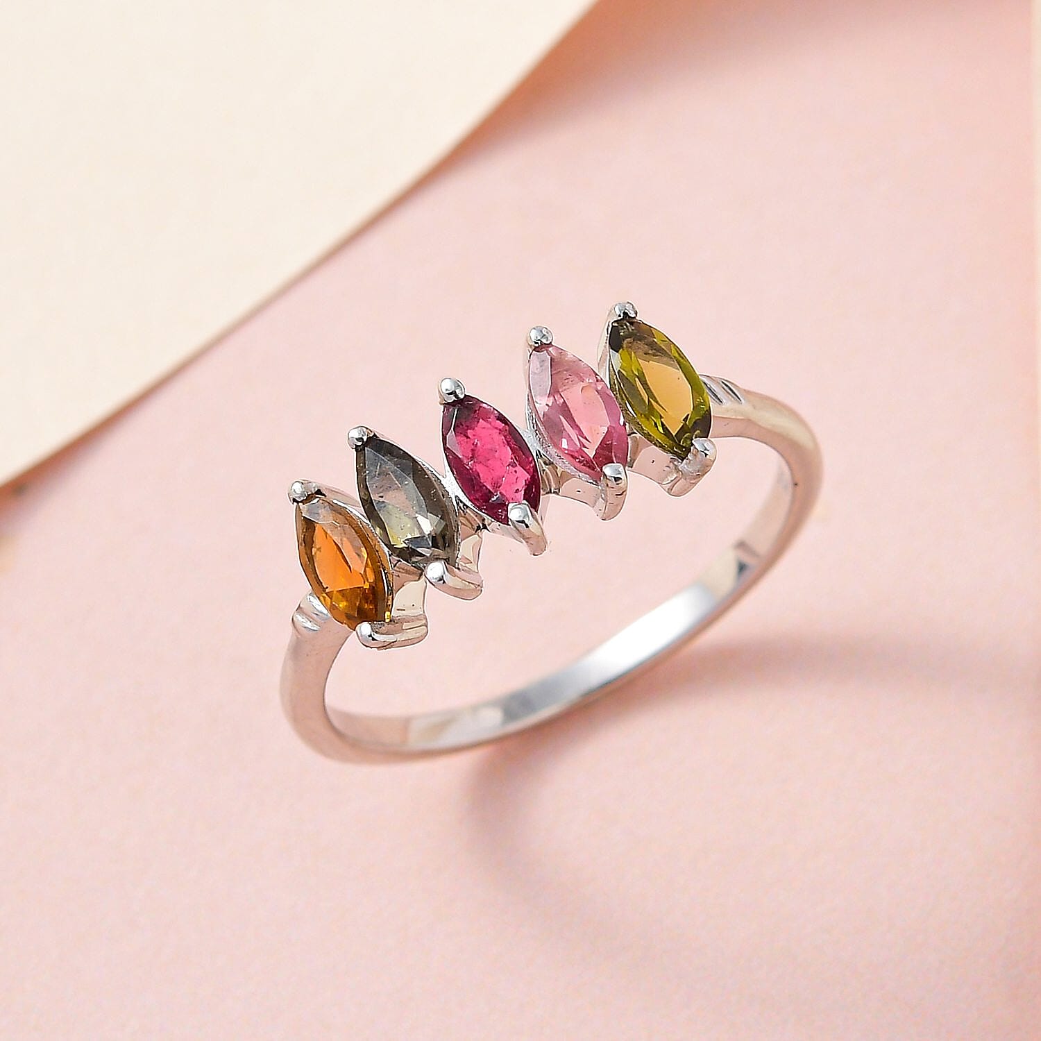 Multi-Tourmaline 5 Stone Ring in Platinum Overlay Sterling Silver 1.12 Ct.