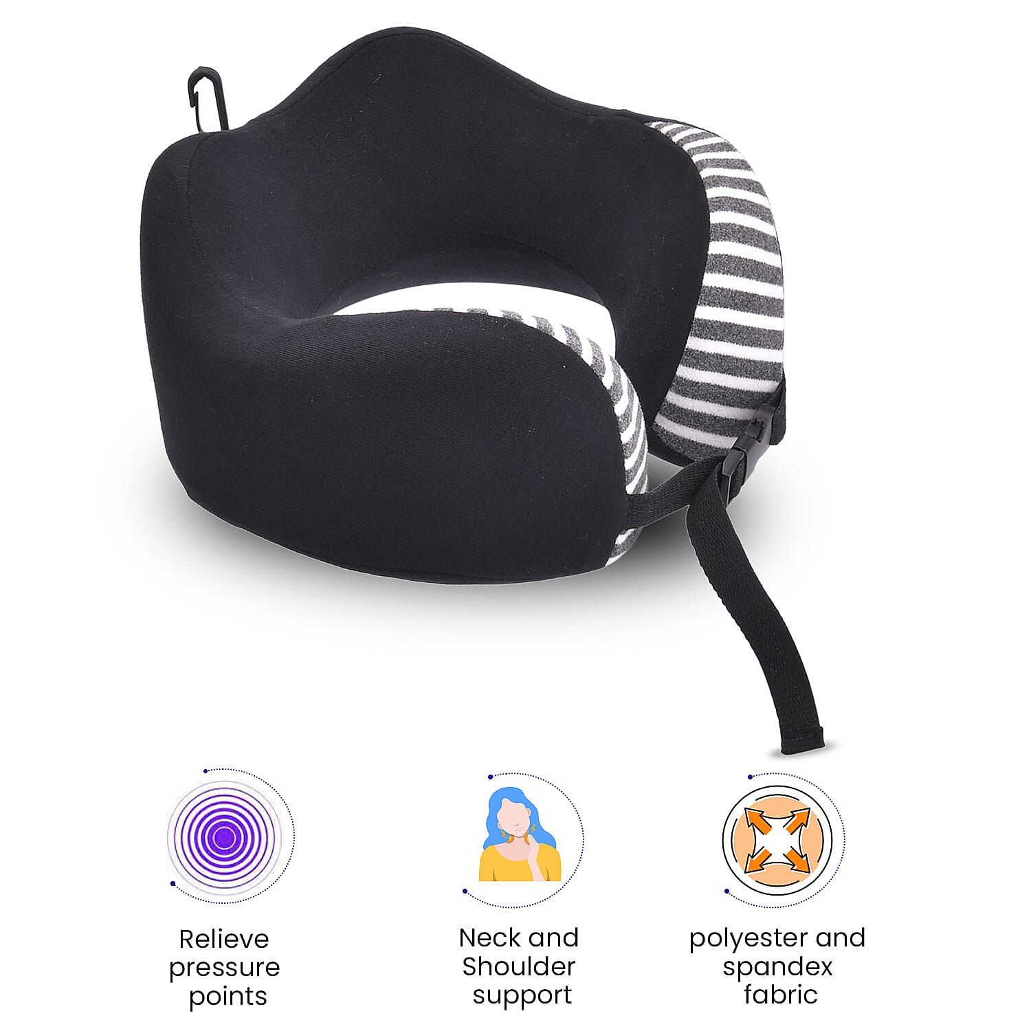 Memory Foam Neck Pillow with Buckle Closure (Size 22 Cm) - Black