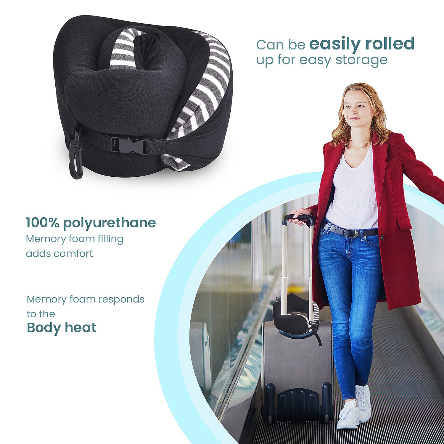 Memory Foam Neck Pillow with Buckle Closure (Size 22 Cm) - Black